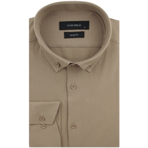 Koszula Męska Codzienna Przewiewna Casual beżowa z kory z długim rękawem w kroju SLIM FIT Viadi Polo L172