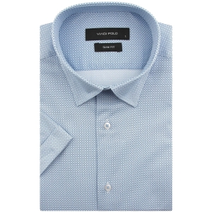 Koszula Męska Elegancka Wizytowa do garnituru błękitna we wzorki z krótkim rękawem w kroju SLIM FIT Viadi Polo R118