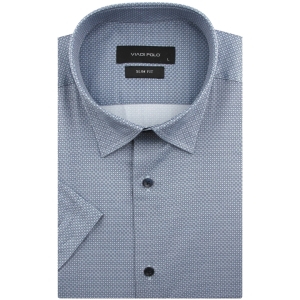 Koszula Męska Elegancka Wizytowa do garnituru granatowa we wzorki z krótkim rękawem w kroju SLIM FIT Viadi Polo R123