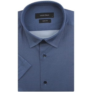 Koszula Męska Elegancka Wizytowa do garnituru granatowa we wzorki z krótkim rękawem w kroju SLIM FIT Viadi Polo R124