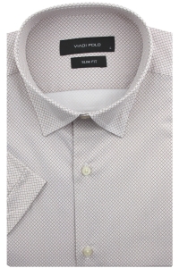 Koszula Męska Elegancka Wizytowa do garnituru beżowa we wzorki z krótkim rękawem w kroju SLIM FIT Viadi Polo R129