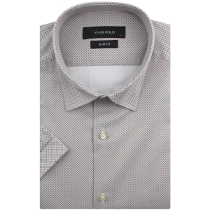 Koszula Męska Elegancka Wizytowa do garnituru beżowa we wzorki z krótkim rękawem w kroju SLIM FIT Viadi Polo R130