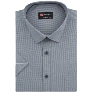 Koszula Męska Elegancka Grafitowa w Drobną Kratkę Slim Fit Modely R308
