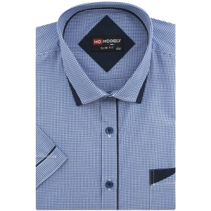 Koszula Męska Elegancka Chabrowa w Kratkę z Lamówką Slim Fit Modely R309