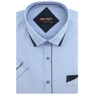 Koszula Męska Elegancka Błękitna w Kratkę z Lamówką Slim Fit Modely R311
