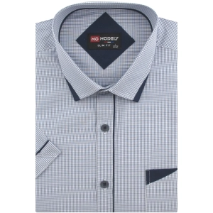 Koszula Męska Elegancka Szara w Kratkę z Lamówką Slim Fit Modely R312