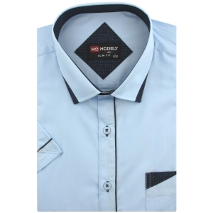 Koszula Męska Elegancka Gładka Błękitna z Lamówką Slim Fit Modely R329