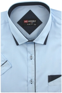 Koszula Męska Elegancka Gładka Błękitna z Lamówką Slim Fit Modely R329