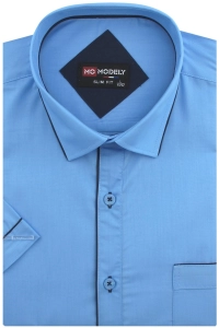 Koszula Męska Elegancka Gładka Niebieska z Lamówką Slim Fit Modely R330
