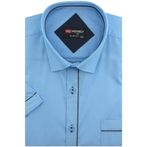 Koszula Męska Elegancka Gładka Niebieska z Lamówką Slim Fit Modely R331