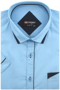 Koszula Męska Elegancka Gładka Niebieska z Lamówką Slim Fit Modely R332