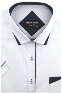 Koszula Męska Elegancka Gładka Biała z Lamówką Slim Fit Modely R335