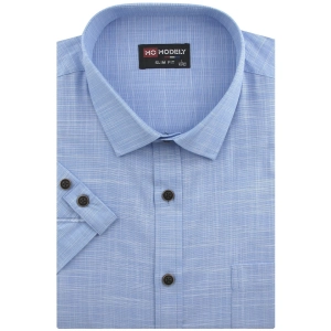 Koszula Męska Lniana Casual Gładka Niebieska Slim Fit Modely R340