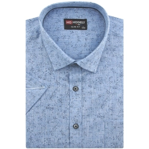 Koszula Męska Lniana Casual Niebieska we Wzorki Slim Fit Modely R343