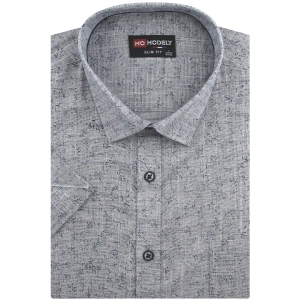 Koszula Męska Lniana Casual Szara we Wzorki Slim Fit Modely R344