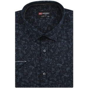 Koszula Męska Lniana Casual Granatowa we Wzorki Slim Fit Modely R345