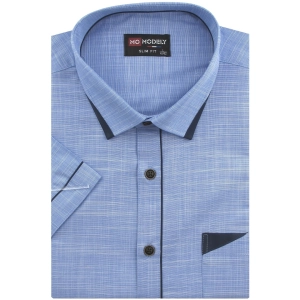 Koszula Męska Lniana Casual Gładka Niebieska z Lamówką Slim Fit Modely R347