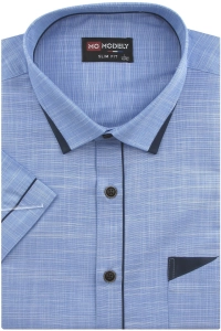 Koszula Męska Lniana Casual Gładka Niebieska z Lamówką Slim Fit Modely R347