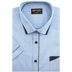 Koszula Męska Lniana Casual Gładka Błękitna z Lamówką Slim Fit Modely R348