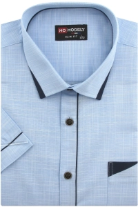 Koszula Męska Lniana Casual Gładka Błękitna z Lamówką Slim Fit Modely R348