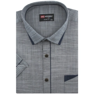 Koszula Męska Lniana Casual Gładka Grafitowa z Lamówką Slim Fit Modely R349