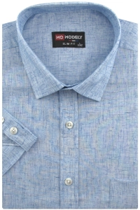 Koszula Męska Lniana Casual Gładka Niebieska Slim Fit Modely R352