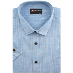 Koszula Męska Lniana Casual Gładka Niebieska Slim Fit Modely R363