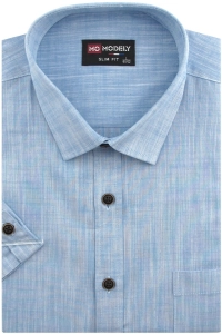 Koszula Męska Lniana Casual Gładka Niebieska Slim Fit Modely R363