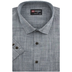 Koszula Męska Lniana Casual Gładka Szara Slim Fit Modely R364