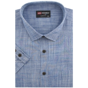 Koszula Męska Lniana Casual Gładka Niebieska Slim Fit Modely R365