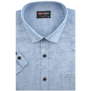 Koszula Męska Lniana Casual Gładka Błękitna Slim Fit Modely R372