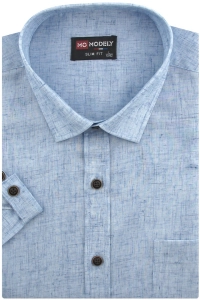 Koszula Męska Lniana Casual Gładka Błękitna Slim Fit Modely R372