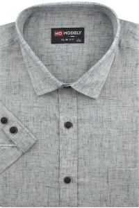 Koszula Męska Lniana Casual Gładka Szara Slim Fit Modely R373