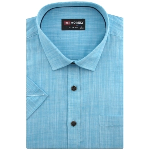 Koszula Męska Lniana Casual Gładka Turkusowa Slim Fit Modely R375