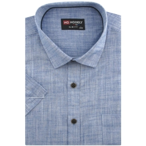Koszula Męska Lniana Casual Gładka Niebieska Slim Fit Modely R377