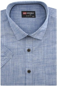 Koszula Męska Lniana Casual Gładka Niebieska Slim Fit Modely R377