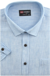 Koszula Męska Lniana Casual Gładka Błękitna Slim Fit Modely R383