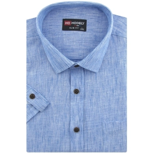 Koszula Męska Lniana Casual Gładka Niebieska Slim Fit Modely R384