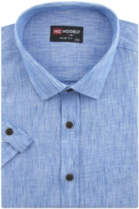 Koszula Męska Lniana Casual Gładka Niebieska Slim Fit Modely R384