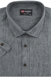 Koszula Męska Lniana Casual Gładka Grafitowa Slim Fit Modely R385