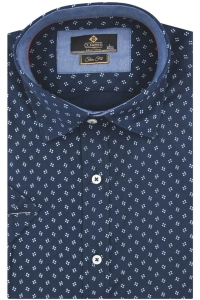 Koszula Męska Elegancka Granatowa we Wzorki Slim Fit Classo R432