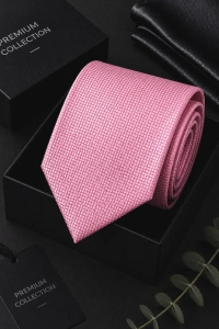 Krawat Męski Elegancki Modny Śledź wąski różowy pudrowy róż w delikatną kratkę G344