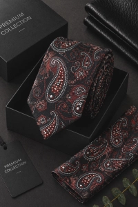 Krawat Męski Elegancki Zestaw z Poszetką klasyczny czarny we wzorki paisley G729