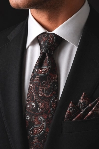 Krawat Męski Elegancki Zestaw z Poszetką klasyczny czarny we wzorki paisley G729