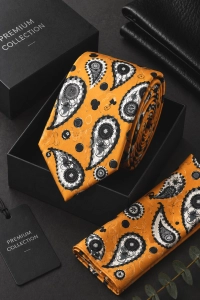 Krawat Męski Elegancki Zestaw z Poszetką klasyczny żółty we wzorki paisley G696