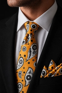 Krawat Męski Elegancki Zestaw z Poszetką klasyczny żółty we wzorki paisley G696
