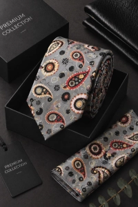 Krawat Męski Elegancki Zestaw z Poszetką klasyczny szary we wzorki paisley G695