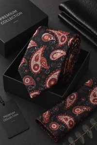 Krawat Męski Elegancki Zestaw z Poszetką klasyczny czarny we wzorki paisley G693