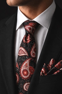 Krawat Męski Elegancki Zestaw z Poszetką klasyczny czarny we wzorki paisley G693
