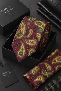 Krawat Męski Elegancki Zestaw z Poszetką klasyczny bordowy we wzorki paisley G691